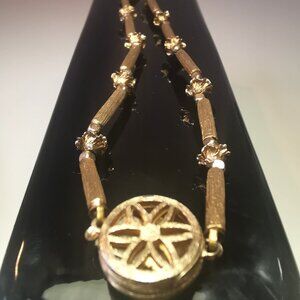 Gold Tone Textured Bar Link Necklace 22 Inch Floral Box Clasp 5mm Wide 1960s